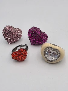 Rhinestone Heart Rings Lot Of 4 Adjustable - Picture 1 of 7