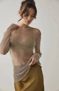 FREE PEOPLE Intimately Filter Finish Long Sleeve Beige Gold Sz S Small NWOT $148 - Picture 1 of 8