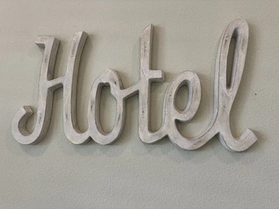Pottery Barn Hotel Sign Rustic Beige 3D Metal Wall Word Art Decor 13”x23.5”x1” - Image 1 of 4