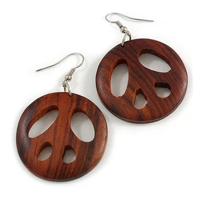 Brown Wood Round Peace Drop Earrings - 60mm Long - Picture 1 of 6