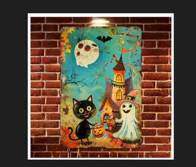 Rustic Primtive Trick or Treet Metal Tin Wall Art Autumn Halloween Sign 8x12 - Image 1 of 3