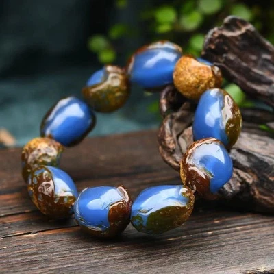 Pulsera de cera de abejas ámbar azul cuentas de piedra cruda natural para hombres mujeres 26X20Mm Foto 1 de 4