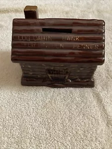 VINTAGE CERAMIC LOG CABIN BANK FOR LINCOLN PENNIES PIGGY BANK BROWN - Picture 1 of 10