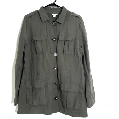 Chaqueta de Carga J Jill Mezcla de Lino Alcaravea Safari Talla Mediana Trinchera Verde Oliva Foto 1 de 4