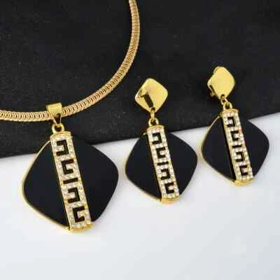 NEW WOMEN'S GREEK KEY ITALIAN NECKLACE & EARRING SET YELLOW GOLD BLACK BEAUTY - Image 1 of 4