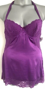 Frederick's Of Hollywood Magenta Satin Lace Trim Halter Chemise Negligée Large - Picture 1 of 12