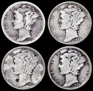 LOT Mercury Dimes 1928 1928-S 1929 1930 90% Silver US 10c Coins - Picture 1 of 9