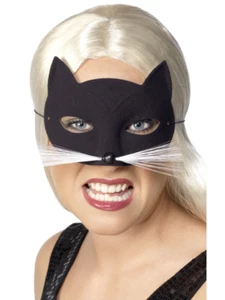 Cat Eyemask Black Whiskers Masquerade Halloween Womens Fancy Dress New - Picture 1 of 2