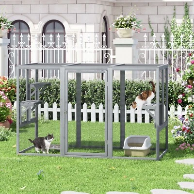 COZIWOW 43.5"H Large Wooden Cat Enclosure Catio Cage Cat Run House Outdoor w/3 Platforms