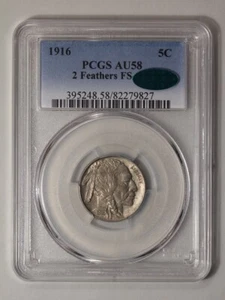 1916 5C 2 Feathers FS-402 Buffalo Nickel PCGS AU58 (CAC) - Picture 1 of 4
