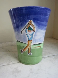 VTG MESA INTERNATIONAL STONEWARE POTTERY HANDPAINTED VASE GOLFING MOTIF 8" - Picture 1 of 5