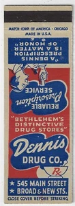 Dennis Drug CO. Bethlehem ILL. Manumark 1938-69 FS copertina vuota fiammiferi - Foto 1 di 3