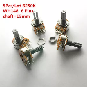 5Pcs B250K 250K WH148 15mm 6 Pin Dual Stereo Linear Potentiometer Double Rotary - Picture 1 of 4