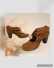 Born Brown Suede Fringe Moccasin Stacked 3? Heel Booties Size 7 Ex Condition