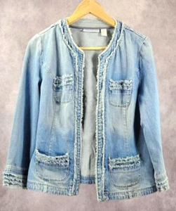 Chico's Platinum Women's Denim Jacket Fringe Trim Medium Tint Wash Frayed Blazer - Picture 1 of 15