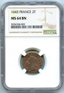 France Louis XIII Double Tournaments 1643 NGC Ms 64 Bn Quality Exceptional - Picture 1 of 2