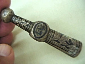 ANTIQUE SILVER WATER PIPE HANDLE WITH BLACK NIELLO CHIRAZ 18 CENTURY MIDDLE EAST - Picture 1 of 4