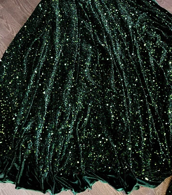 1 M Flasche grüne Pailletten Stretch Samt Kleid Stoff 58"" - Bild 1 von 4
