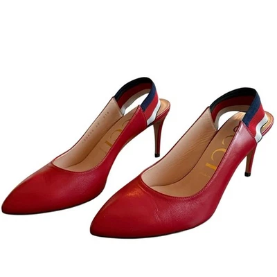 Gucci Red Leather Sylvie Web Slingback Pointed Toe Classic  Pumps EU 40 US 10 - Image 1 of 4