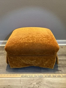 MCM Orange Crushed Velvet Upholstered Ottoman Footstool Walnut 12x16x13.5” VTG - Picture 1 of 24