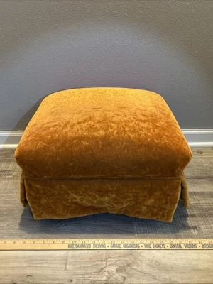 MCM Orange Crushed Velvet Upholstered Ottoman Footstool Walnut 12x16x13.5” VTG - Image 1 of 4