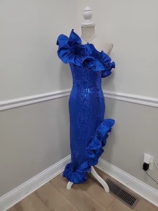 Daniella Vintage 80er blau Pailletten Taft Party Abschlussball formell Maxikleid/One Shoul - Bild 1 von 13
