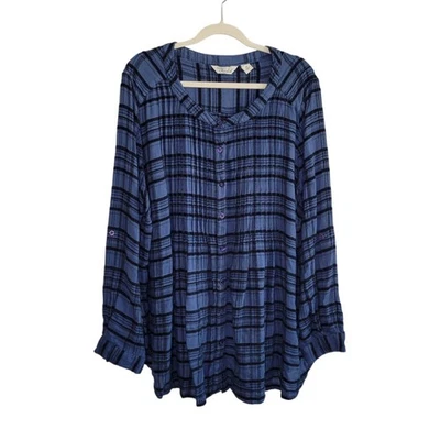 Top túnica Caffe Marrakech azul a cuadros calado línea A botón delantero talla grande 3X Foto 1 de 4