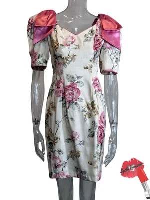 Vintage 80s Dress Women 7/8 Fun Pink Bows Floral Black Lace Zum Zum Prom Formal - Image 1 of 4
