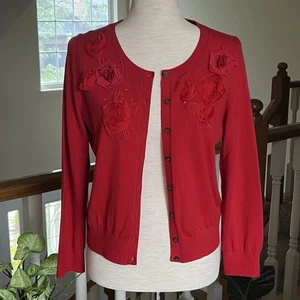 Banana Republic Cardigan Sweater Merino Wool Crewneck Long Sleeve Red Petite LG - Picture 1 of 13