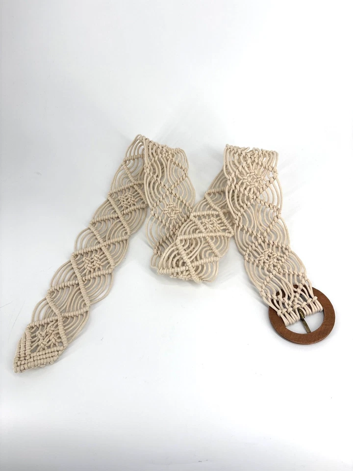 Macrame Belt Braided Fashion Belt Round Wood Buckle Womens Large Hippie Boho - Image 1 of 4