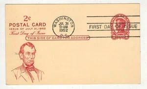1952 ABRAHAM LINCOLN POSTAL CARD UX43 PENT ARTS FDC - Picture 1 of 1
