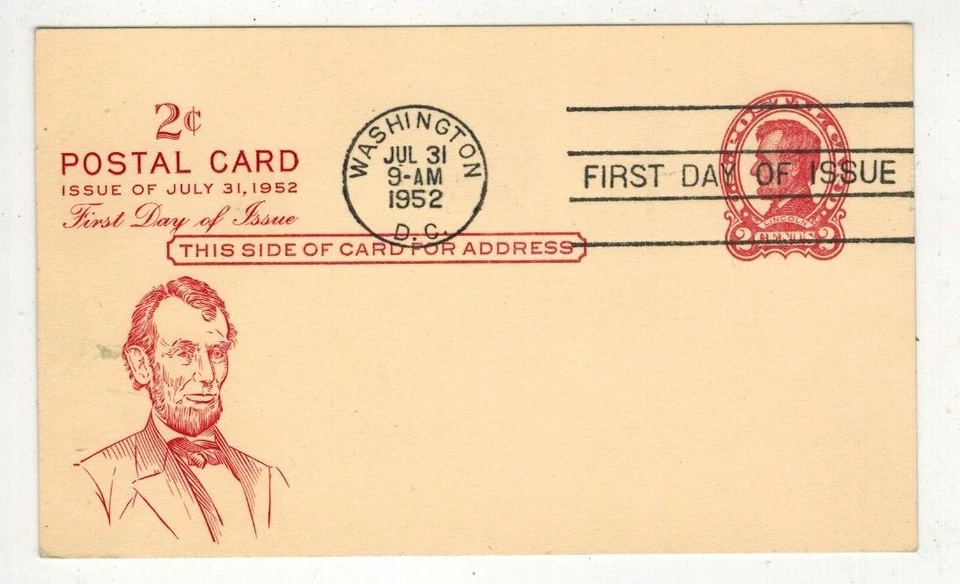 1952 ABRAHAM LINCOLN POSTAL CARD UX43 PENT ARTS FDC - Image 1 of 1