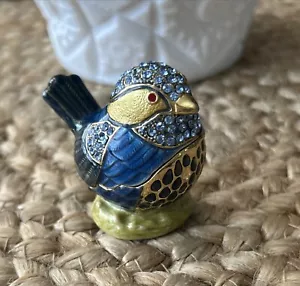 Vintage Heavy Jeweled Enameled Blue Bird Trinket Box Rhinestones Magnet Lock - Picture 1 of 8