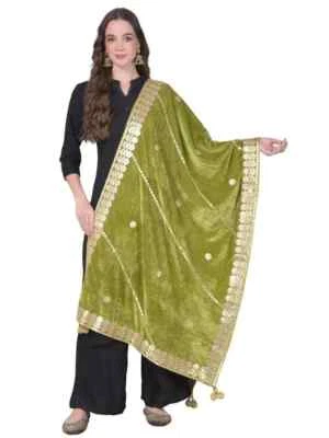 Green & Gold Scarf Fancy Ethnic Embroidered Gotta Patti Velvet Dupatta/Chunni - Image 1 of 4