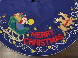 Vintage Christmas Santa Claus Sleigh Reindeer Tree Skirt Blue Felt Sequin 45” - Picture 1 of 12