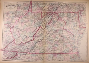 Dated 1872 Map of VIRGINIA - WEST VIRGINIA by Asher & Adams (17x25)-#07 - Picture 1 of 2
