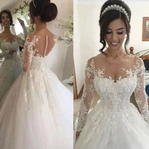 Elegant A-Line Wedding Dresses O-Neck Long Sleeved Lace Appliques Bridal Gowns - Picture 1 of 8