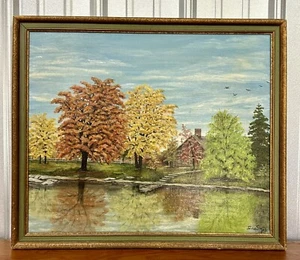 1971 Autumn Lake Country Home Öl auf Leinwand signiert Goldie Shaffer gerahmte Kunst - Bild 1 von 6