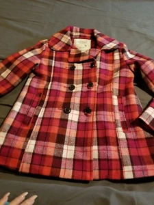 Old Navy Women's Juniors XL Pink Plaid Double Breasted Wool Blend Peacoat  - Picture 1 of 9