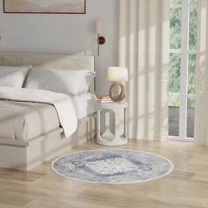 Nourison Astra Machine Washable Blue Ivory 5'3" x Round Area Rug Easy - Picture 1 of 9