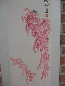 Pintura de pergamino chino sobre papel cícada y planta rosada, atribuida a Qi Bai Shi - Imagen 1 de 8