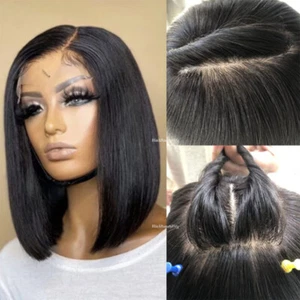 Short Bob Silk Base Full Lace Human Hair Wig Pre Plucked 5x5 Silk Top Lace Wigs - Picture 1 of 12