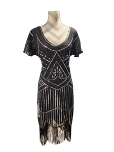 Damen Vintage 20er Jahre Perlen Fransen Gatsby Party Flapper Kleid mit Kostüm Set - Bild 1 von 7