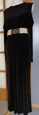 Винтажный Venus Slinky макси платье женщин Sz L коричневый ребристый холодные плечи коктейль - Изображение 1 из 4