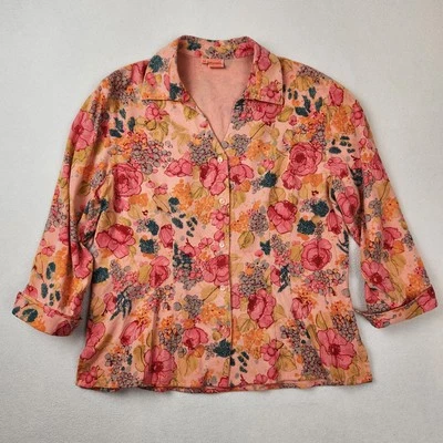 Tianello Blouse Womens Medium Pink Floral Button Up Suzy Blouse Tencel Rayon USA - Image 1 of 4