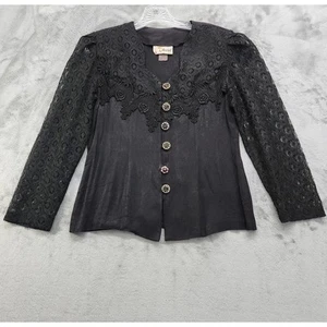 Vintage 80s Asriel USA Top Womens Size S Black Crochet Lace Puff Sleeve Buttons - Picture 1 of 9