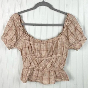 Top Sim & Sam manica a sbuffo smocked marrone chiaro a quadri taglia XS cotone damigella Cottagecore - Foto 1 di 11
