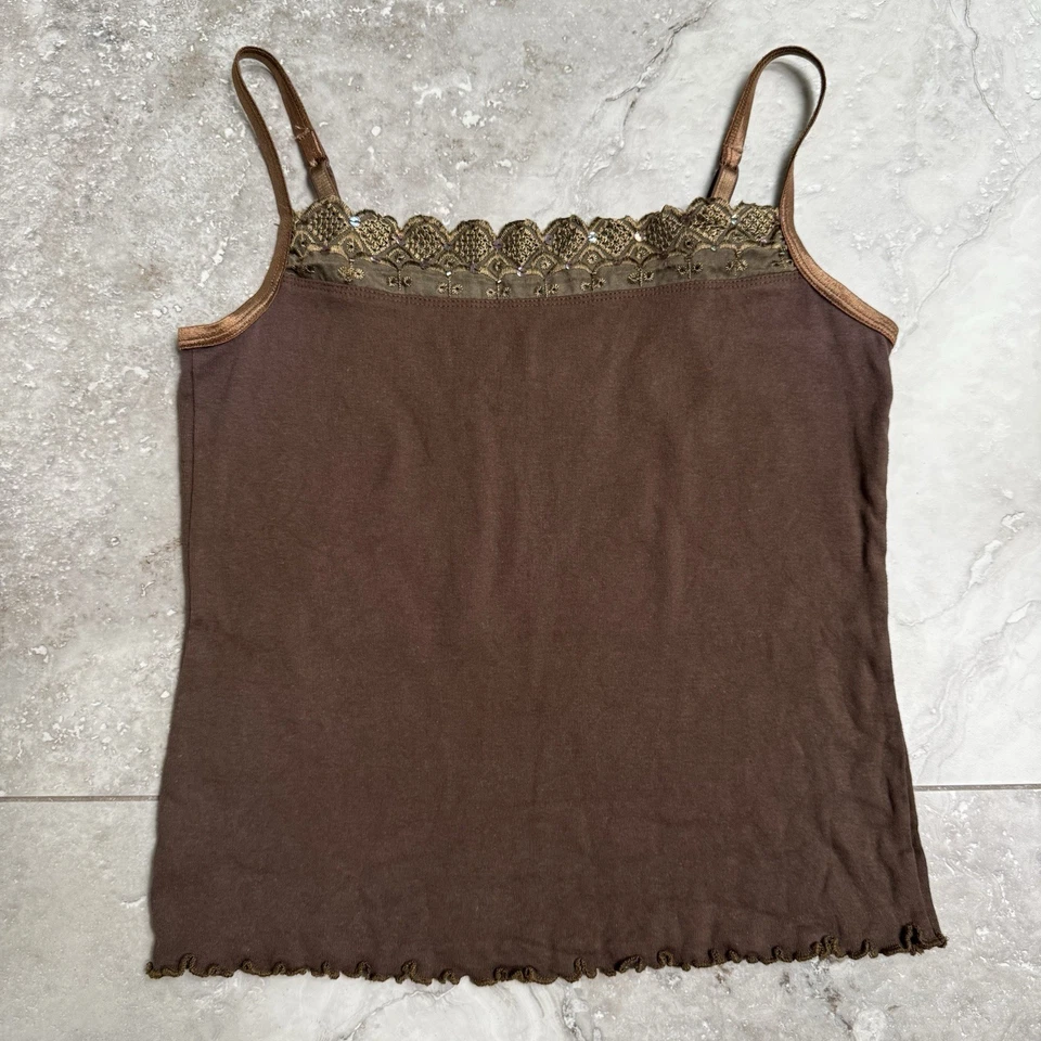 Jason Maxwell Brown 100% Cotton Tank Top Sequin Lace Trim Size Small  - Image 1 of 4