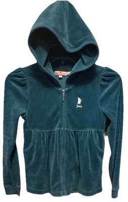 JUICY COUTURE Size 8 Velour Full Zip Hoodie Jacket Pleated Teal Pockets Dog Logo - Image 1 of 4