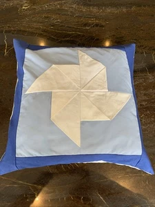 Hand Made patchwork Blue White Windmill Cushion Feather Filled 15 Inch Square - Picture 1 of 9